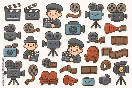 Cute movie-themed cartoon stickers featuring cameras, clapboards, and film reels