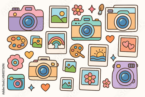 Colorful retro cameras and nature photos in whimsical cartoon style