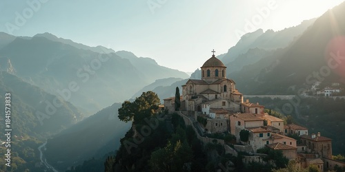 Fototapeta Naklejka Na Ścianę i Meble -  Ancient village scene with stone buildings and narrow streets, highlighting historical architecture, heritage preservation