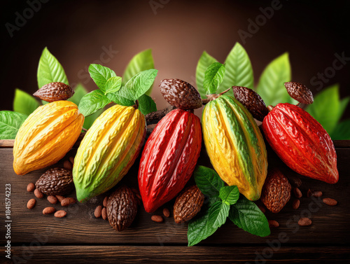Cacao farm with cocoa pods