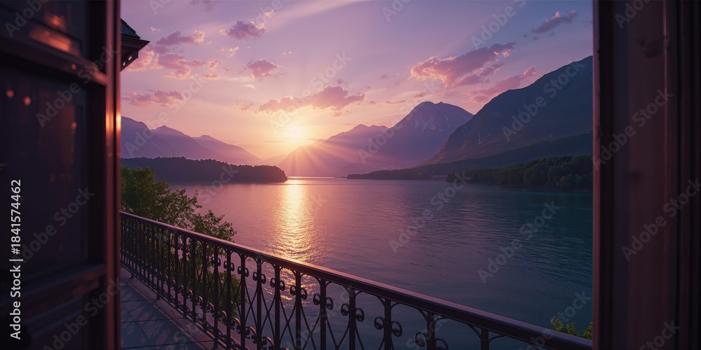 Fototapeta premium Balcony view of a mountain and lake scene during sunset, highlighting outdoor leisure areas
