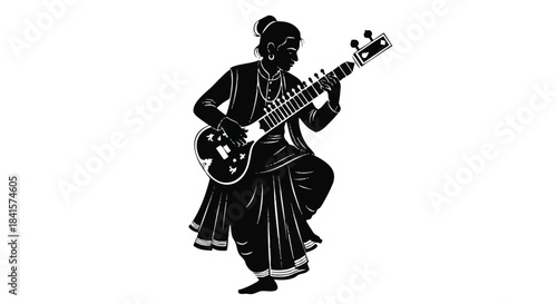 A striking 2D flat vector silhouette depicts an Indian classical musician intently performing traditional music, rendered as a simple black shape against a pure white background.