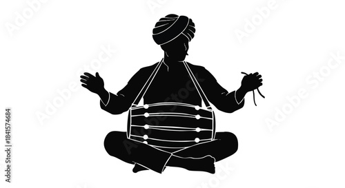 Indian street musician flat vector silhouette playing the traditional dholak drum, presented as a black shape illustration on a stark white background, emphasizing musical performance.