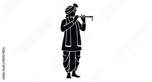 A traditional Indian musician standing and skillfully playing a bansuri flute is captured in a striking vector flat silhouette illustration, isolated cleanly on a pure white background.