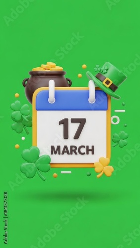St. patrick's day calendar with shamrock and pot of gold on march 17
