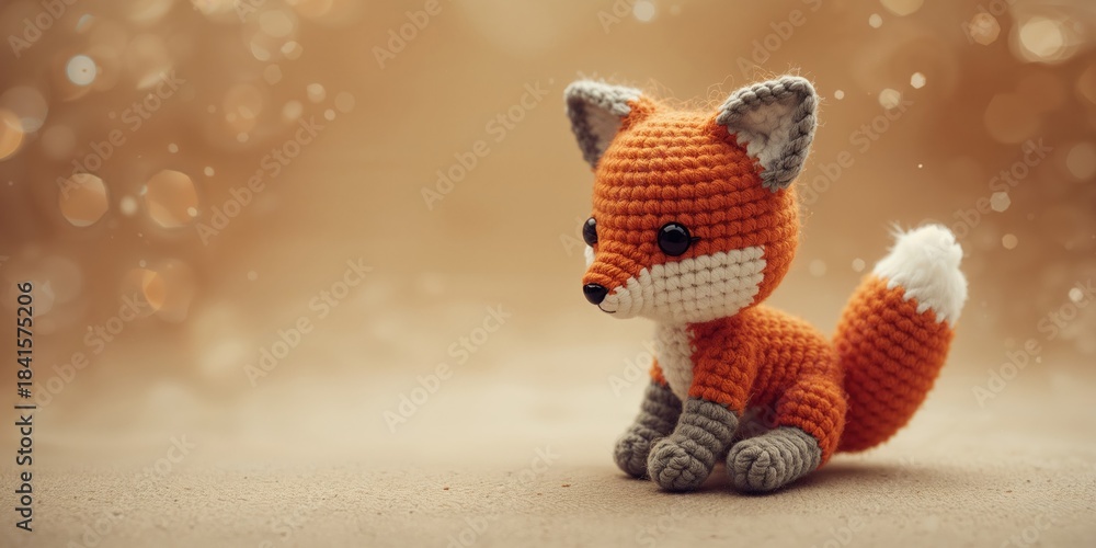 Naklejka premium Crochet fox plush made of orange and grey wool yarn, an organic toy for children, detailed close-up in art and crafts setting