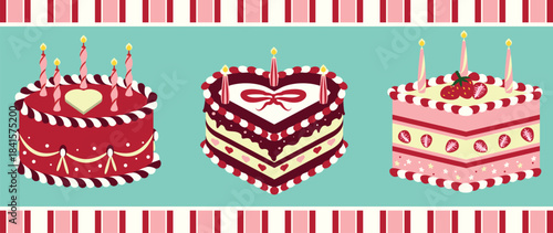 Cartoon valentine's day cake clip art elements set. A set of rounds, heart-shaped cakes. A colorful cake clips art collection for parties, weddings, anniversaries, and holiday celebrations.