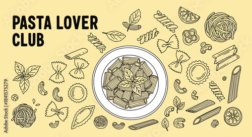 Pasta lover illustration, rigatoni plate, basil garnish, pasta types, food art, vector design, cad drawing flat vector illustration