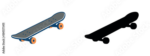 A skateboard design in flat colors with orange wheels and a clean silhouette, ideal for modern vector style icons representing skateboarding.