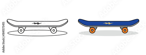 A bright blue skateboard design with a minimal style and blue and yellow stripes, presented in a vector illustration style with a clean silhouette.