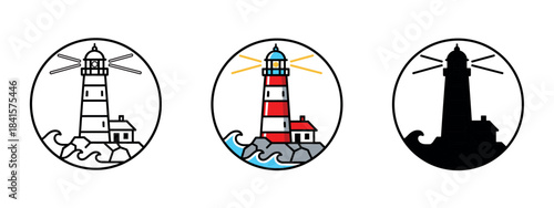 A circular design featuring three lighthouse icons in various styles: outline, color, and silhouette, symbolizing light and navigation at sea.