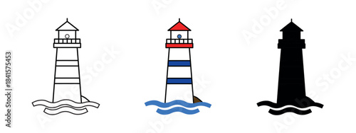 A set of minimalist vector icons of lighthouses in three different styles: outlined, colored, and solid black, representing guidance and safety.