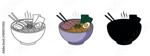 A steaming bowl of ramen with noodles, egg, and seaweed, in a stylish vector illustration with soft colors and a touch of Asian culinary influence.
