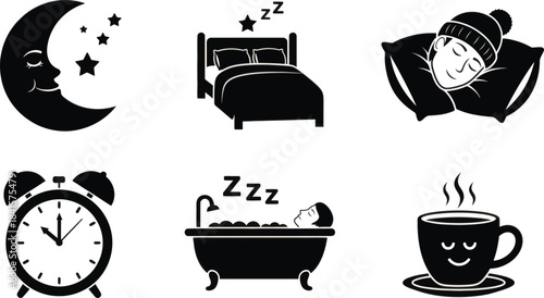 Daily Routine Icons Sleep Bath Coffee Set Vector