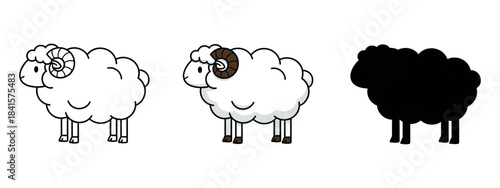 A playful vector design of a sheep with curled horns, portrayed in three different styles: outlined, filled, and solid silhouette.