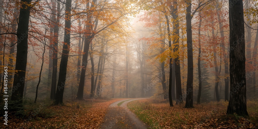 Fototapeta premium Foggy autumn forest scene used as a background for text layout or editorial headers