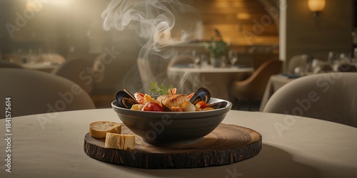 Fototapeta Naklejka Na Ścianę i Meble -  Traditional French seafood stew in a restaurant setting, emphasizing regional cuisine and dining experience