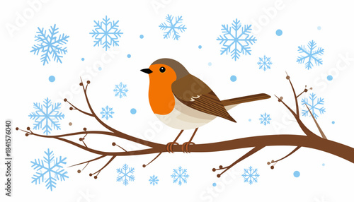 A charming illustration of a European robin perched on a bare winter branch with falling blue snowflakes against a white background.