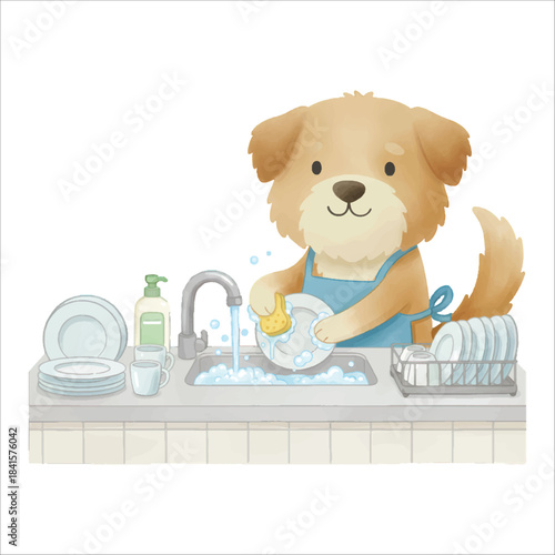 Cute watercolor dog washing dishes in kitchen sink vector on white background
