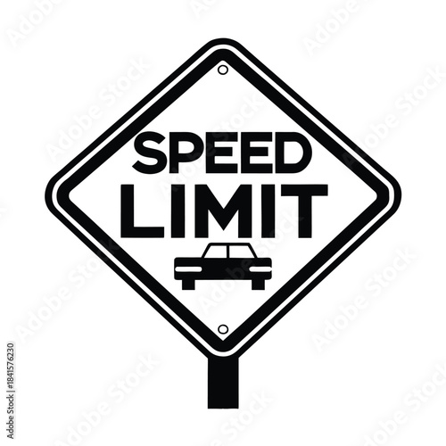 Traffic Speed Limit Sign with Car Icon for Road Safety Regulation Vector Illustration