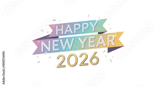Festive banner wishing a Happy New Year 2026 with falling confetti