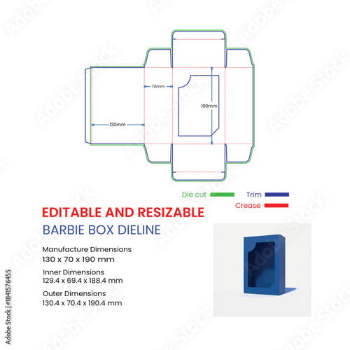 Barbie Box Dieline Template With Dimensions And 3D Model On White packaging box template