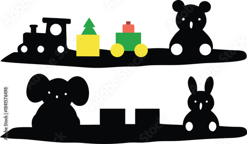 A delightful collection of childrens toy silhouettes featuring a train and adorable animals