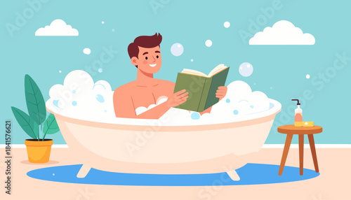 A man enjoying a relaxing bubble bath while reading a book in a cozy bathroom.