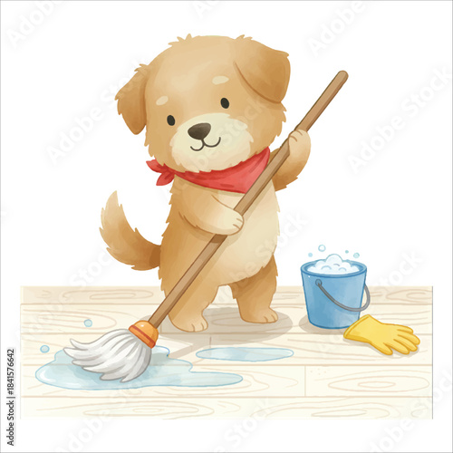 Cute watercolor dog mopping the floor with bucket vector on white background
