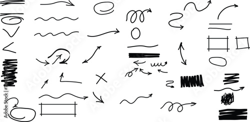 Collection of hand drawn black sketch arrows, lines, shapes, and scribbles on
