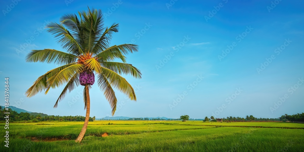 Fototapeta premium Tree with abundant flowers and a patterned sign, used as a natural landscape background for agricultural layouts