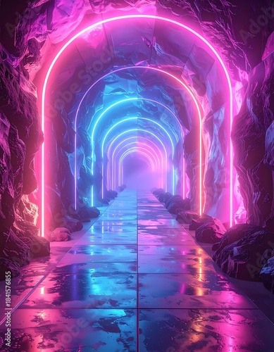 Glowing arches line a reflective path, framed by rough stone. Bright pink and blue neon light