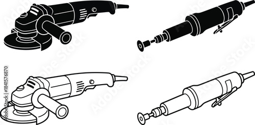 Angle Grinder and Power Tool Icon Set Vector – Minimalist Industrial Grinding Machine Silhouettes