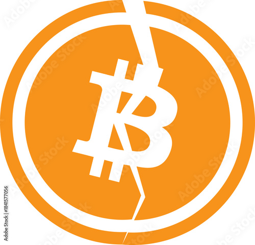Orange broken bitcoin icon with crack line
