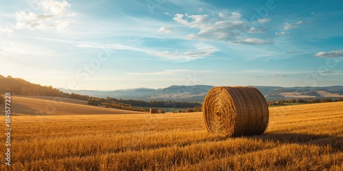 Fototapeta Naklejka Na Ścianę i Meble -  Bales of hay on the field during a sunny autumn day, seasonal change awareness