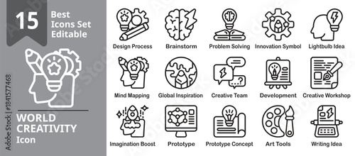 World Creativity icon set. Contains imagination, innovation, ideas, art tools, brainstorming, global inspiration, and creative. Editable outline vector illustration.