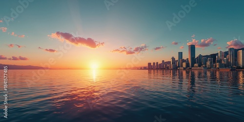 City structures along a waterway during dusk, emphasizing architectural silhouette