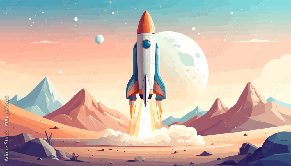 Naklejka premium A colorful rocket launching from a desert planet with mountains and a large moon in the sky.