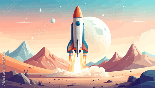 A colorful rocket launching from a desert planet with mountains and a large moon in the sky.