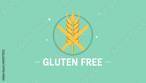 A flat design illustration of a gluten-free symbol with a crossed-out wheat stalk on a teal background.