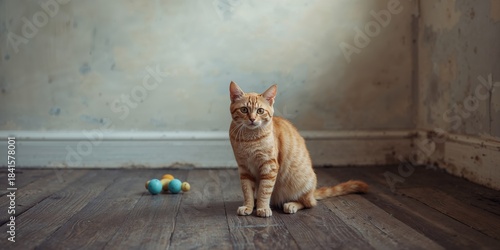 Orange tabby cat in urban apartment with wood floors, showing playful alertness, indoor pet activity