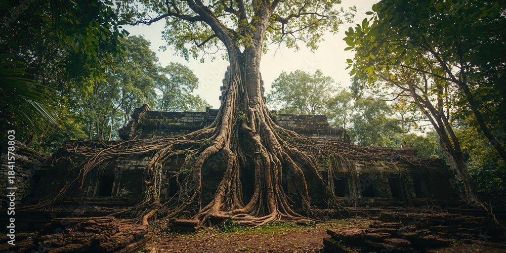 Naklejka premium Historical Khmer temple structures in Cambodia, highlighting archaeological conservation