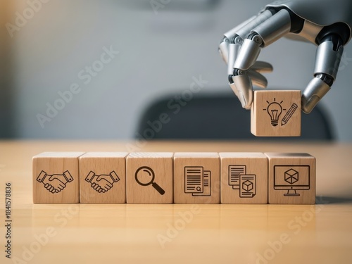 Robot hand placing block with lightbulb icon on table
