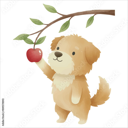 Cute watercolor dog picking an apple from tree branch vector on white background

