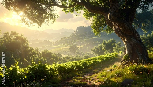 Fototapeta Naklejka Na Ścianę i Meble -  Golden light filters over a vibrant, green hilly landscape. An old tree arches over a path and meadow
