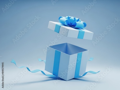 Beautifully wrapped gift box with blue ribbon