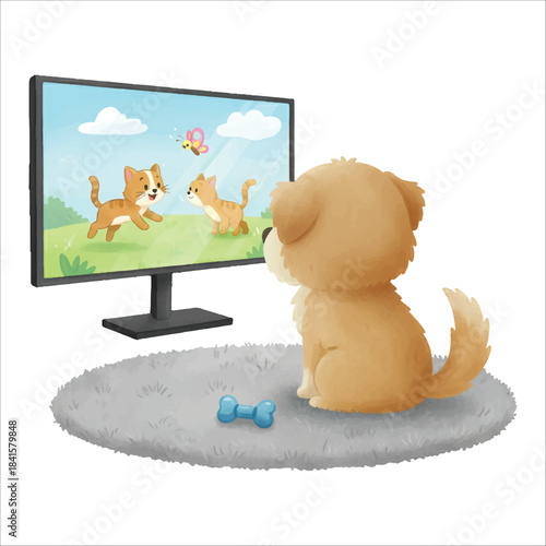 Cute watercolor dog watching TV on the floor vector on white background
