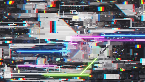 Glitchy distorted video signal with colorful horizontal bars and rectangles on dark background