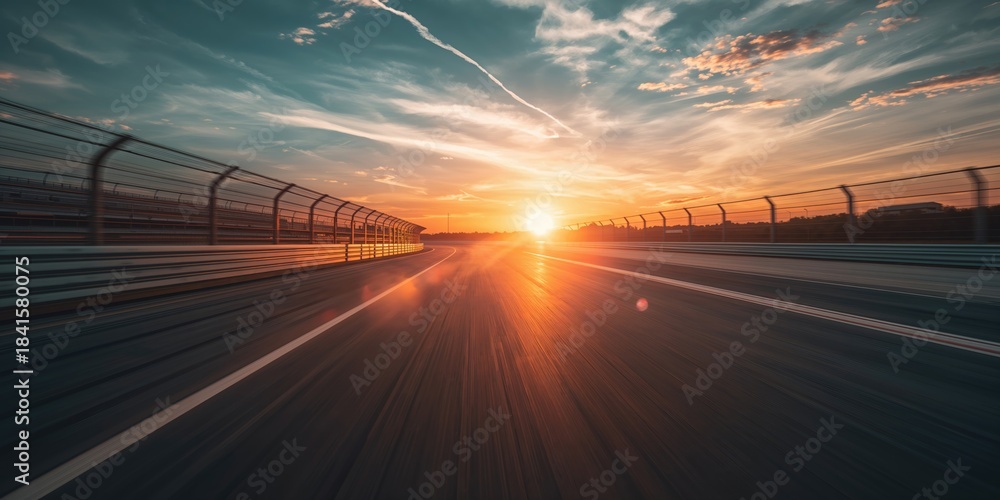 Fototapeta premium Motion-blurred race track at sunset speed and evening light, sports event awareness