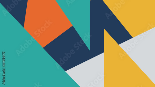 Vibrant geometric pattern with orange, yellow, teal, gray and navy blue shapes